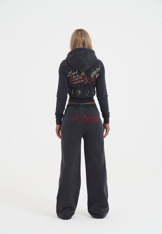 Womens Tattoo Collage Seam Detail Wide Leg Joggers - Black