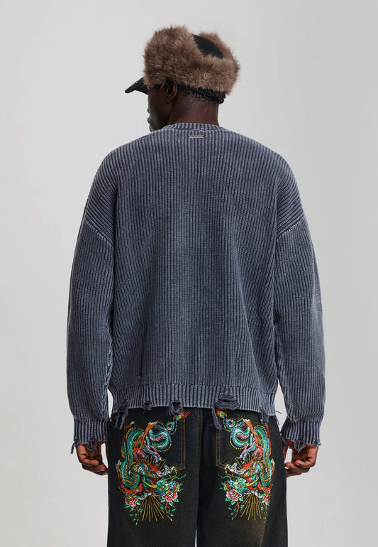 Mens Distressed Los Angeles Knitted Relaxed Crew Jumper - Black