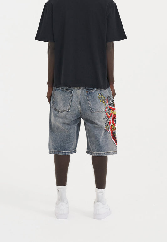 Mens Devil Mermaid Denim Jorts Shorts - Blue