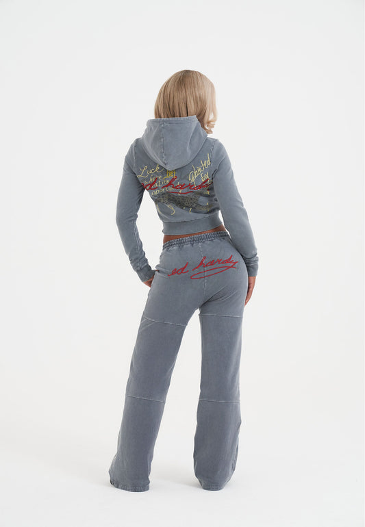 Womens Tattoo Collage Seam Detail Wide Leg Joggers - Charcoal