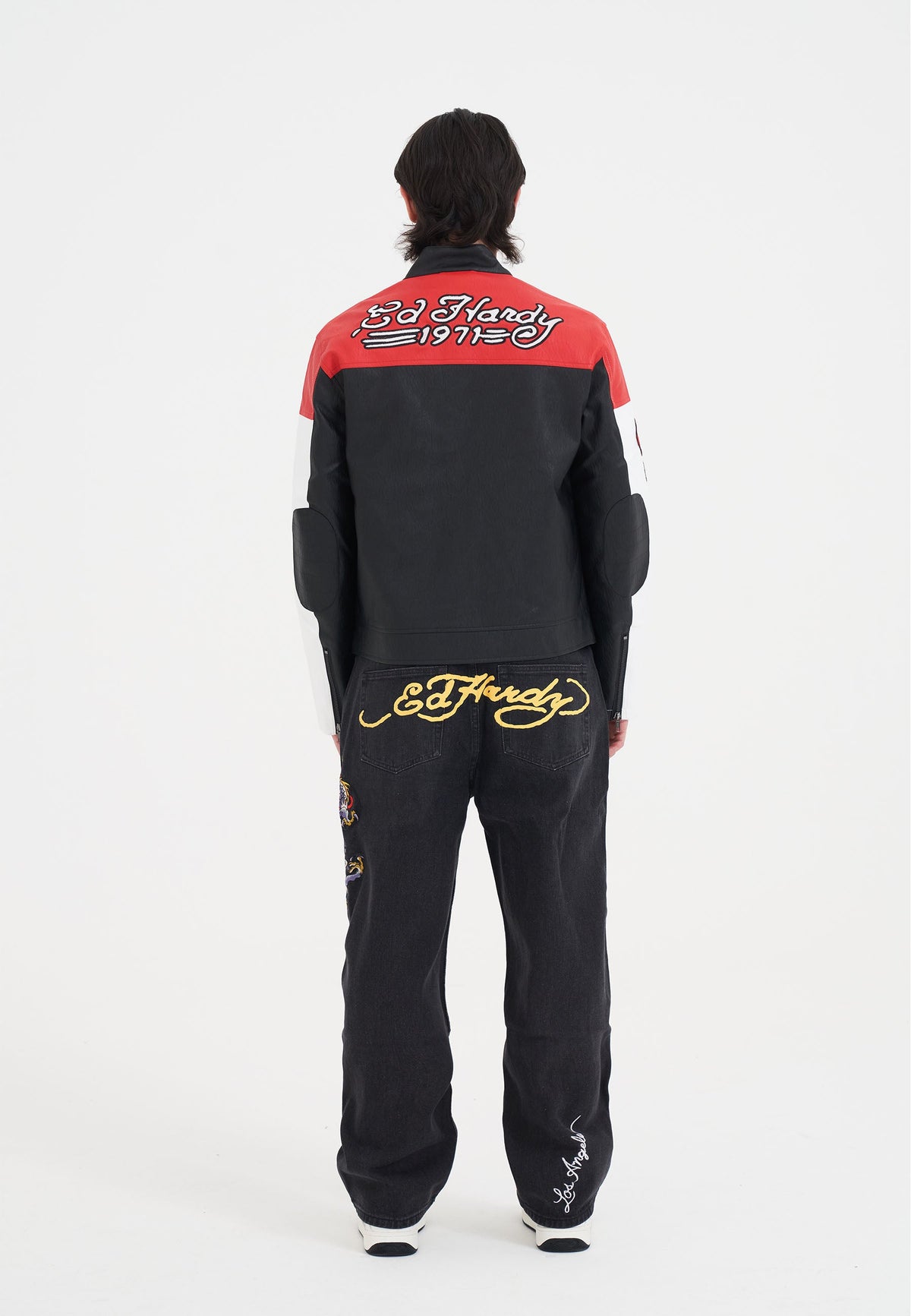 Mens ED-1971 Moto Biker Jacket- Black/Red/White