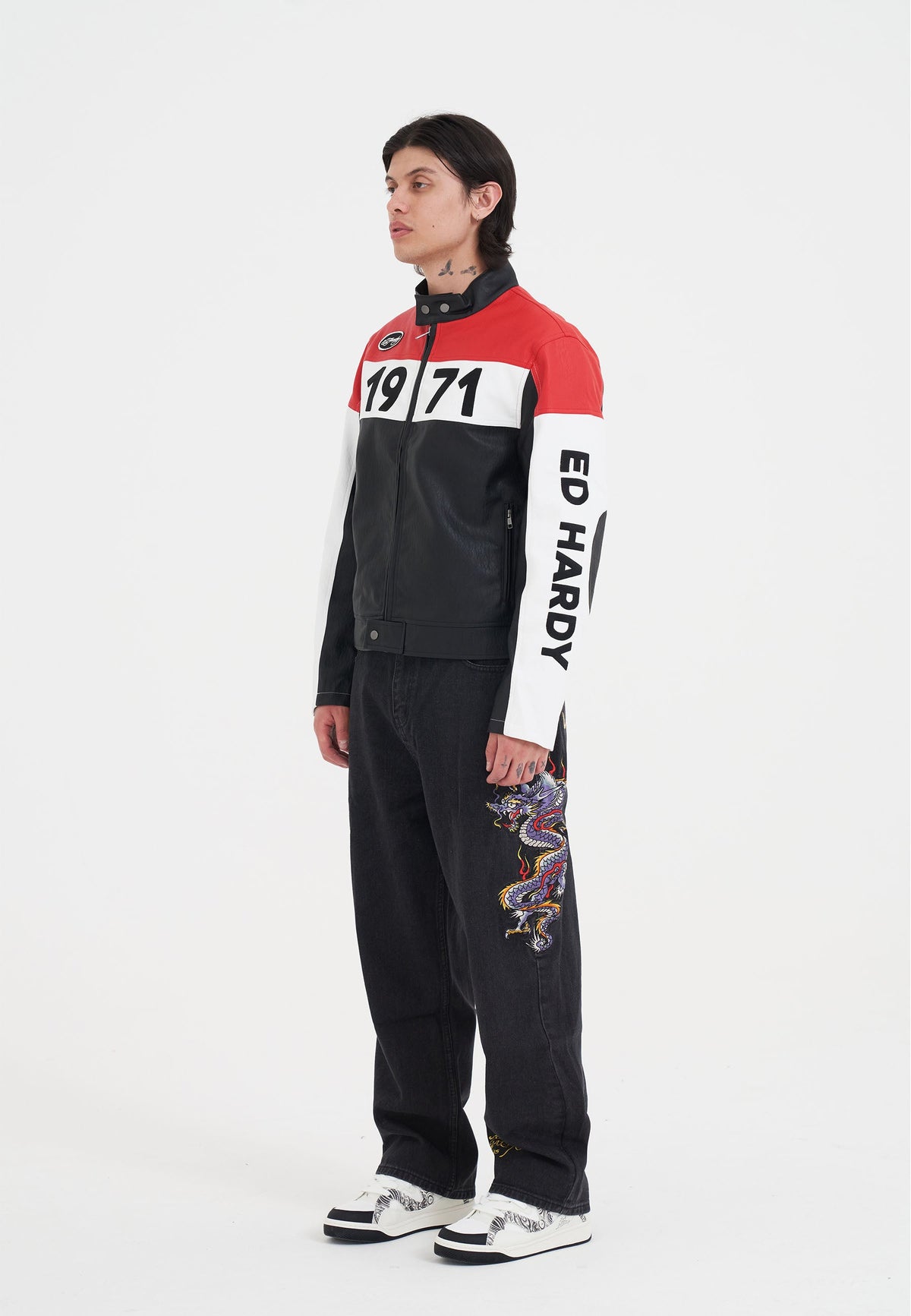 Mens ED-1971 Moto Biker Jacket- Black/Red/White