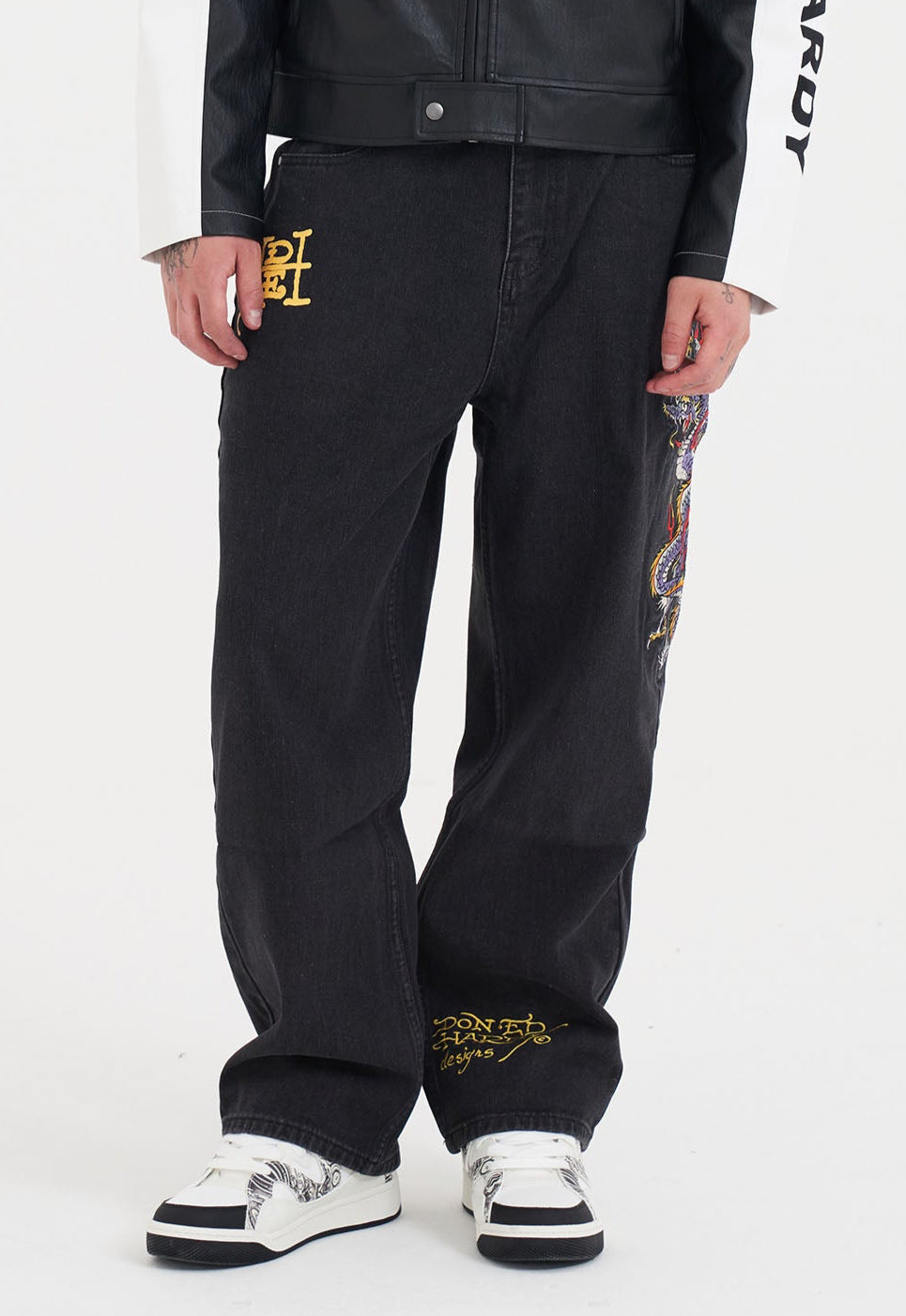 Mens Battle-Dragon Tattoo Denim Trousers Baggy Jeans - Black