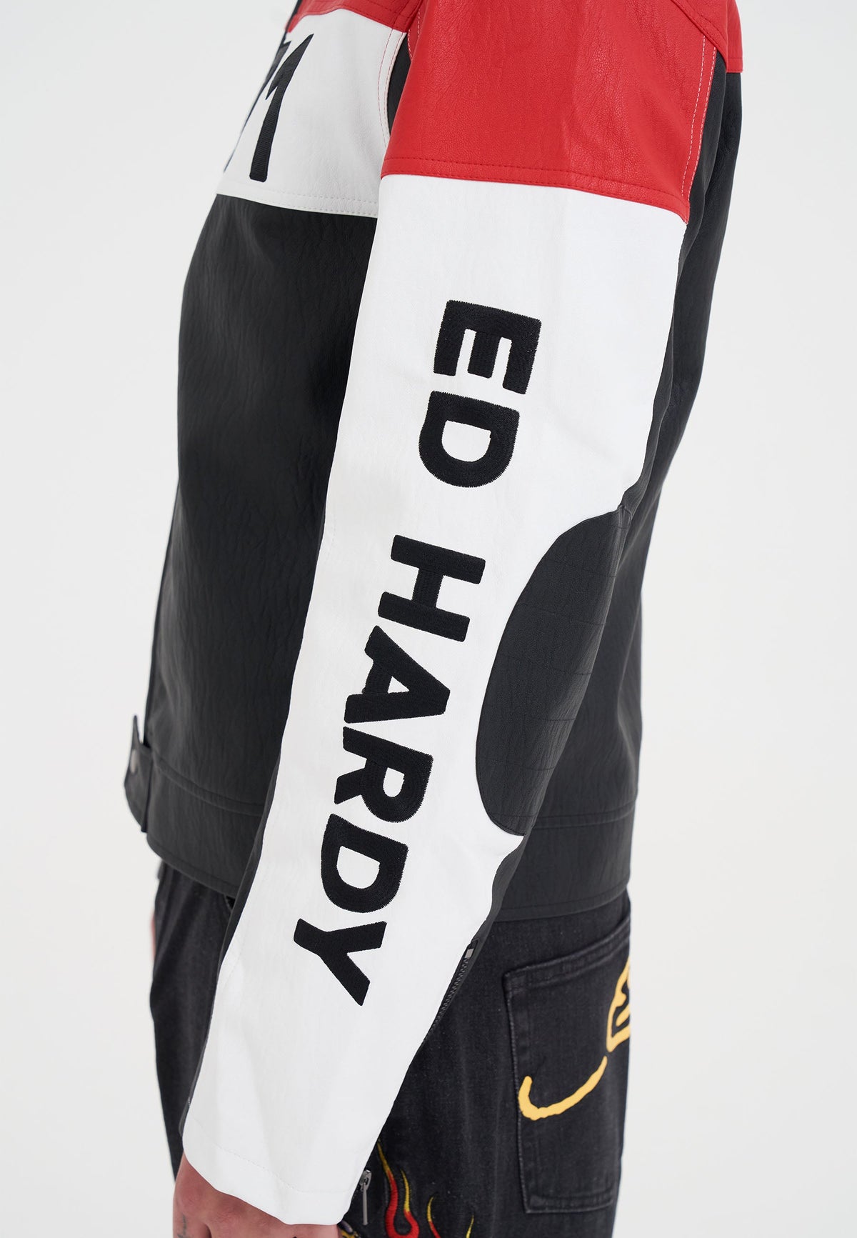 Mens ED-1971 Moto Biker Jacket- Black/Red/White
