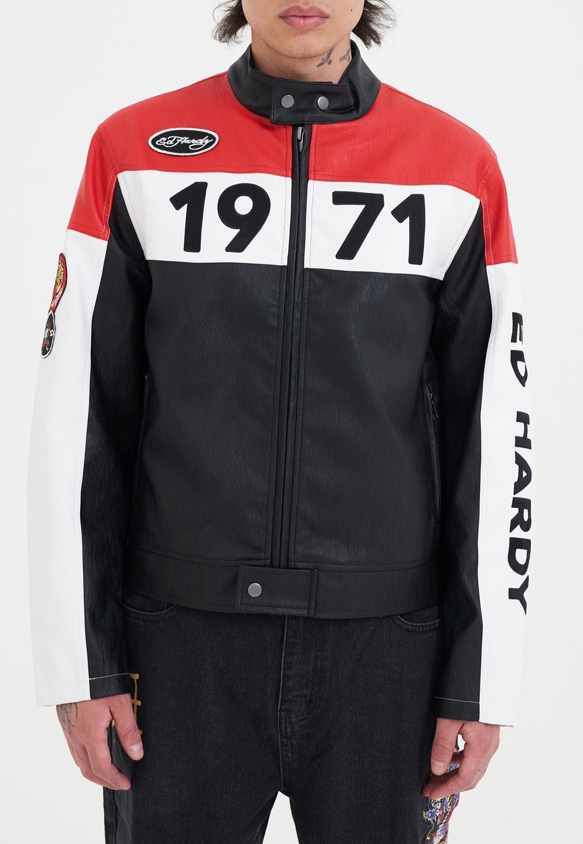 Mens ED-1971 Moto Biker Jacket- Black/Red/White