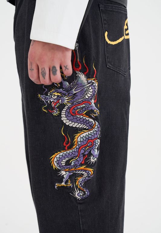 Mens Battle-Dragon Tattoo Denim Trousers Baggy Jeans - Black