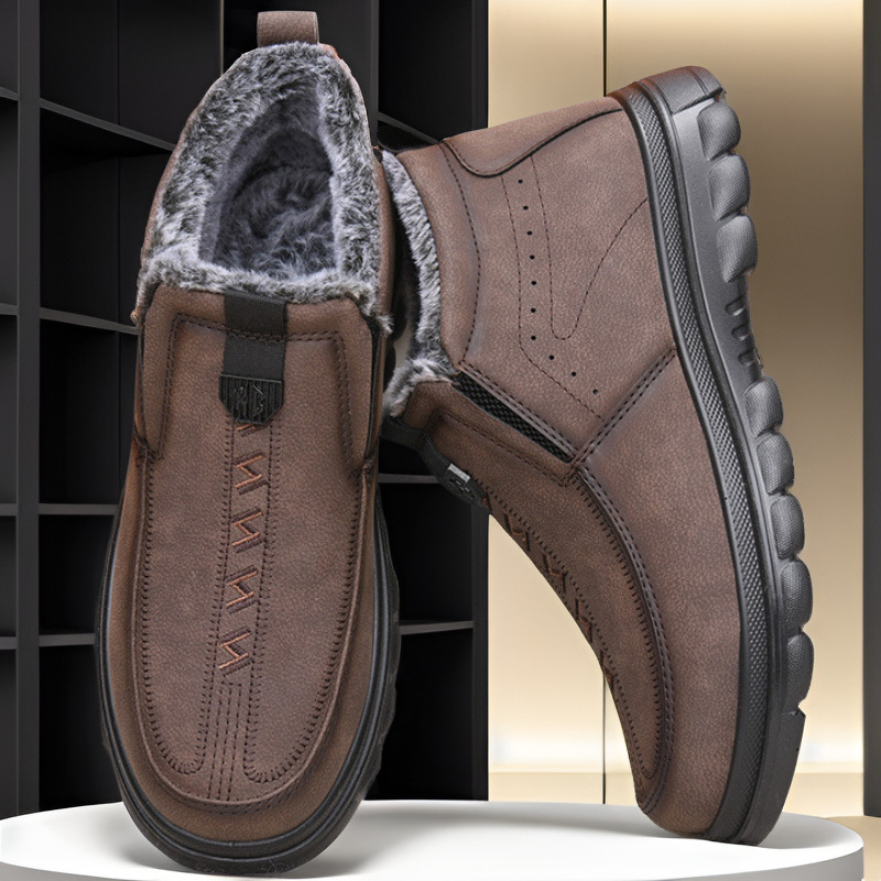 (Limited Time Discount 70% off)Men's Winter Warm Genuine Leather Flannel Lined Orthopedic Boots Arch Support Waterproof Non-Slip Boots