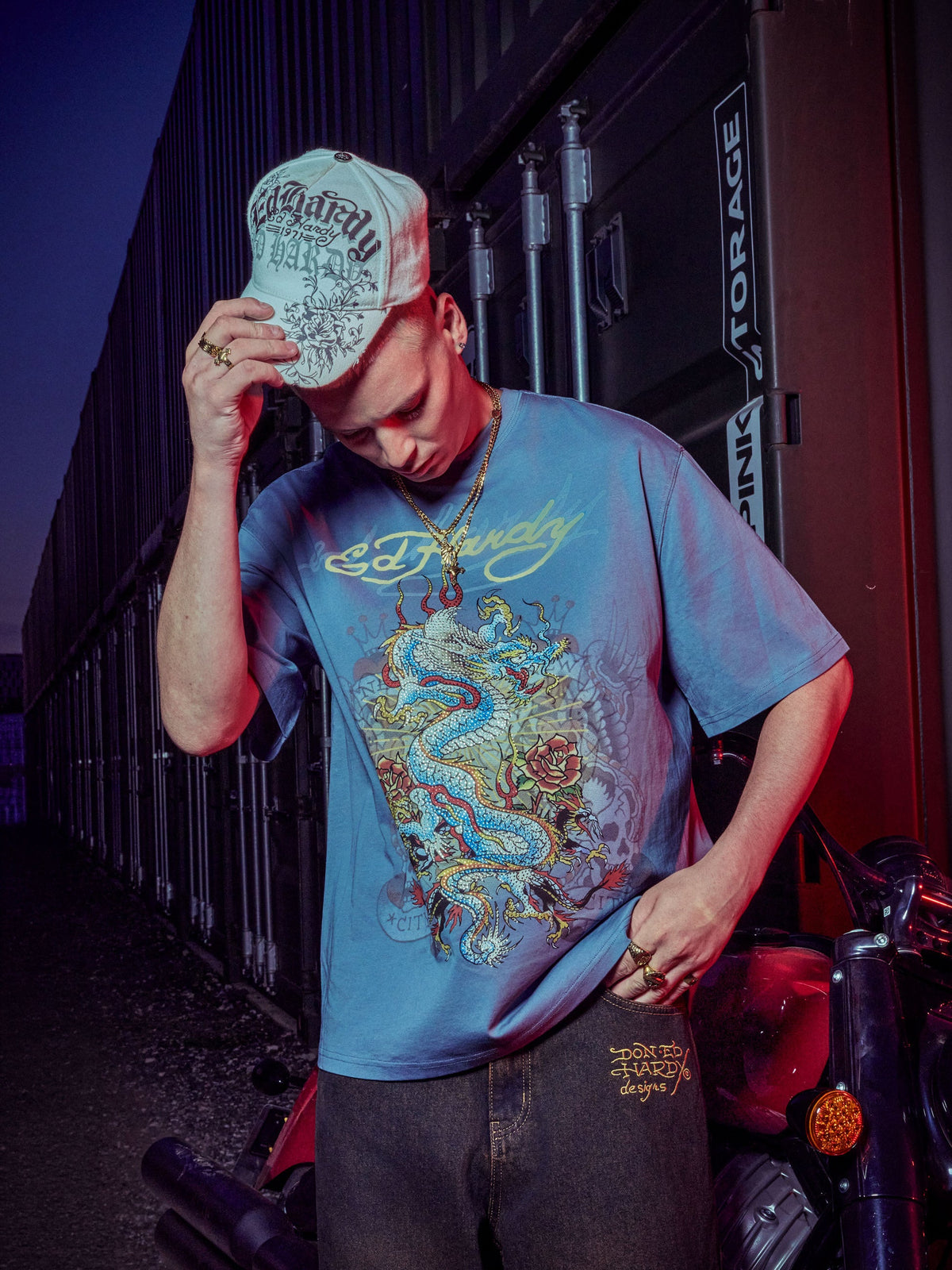 Mens Dragon City Diamante Graphic Relaxed T-Shirt - Blue