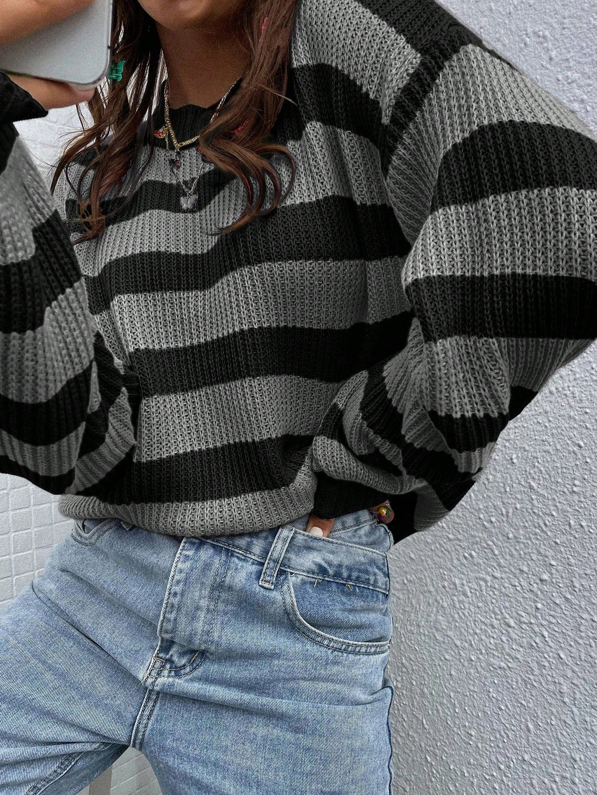 SoleilVie Striped Pattern Drop Shoulder Sweater,Long Sleeve Tops Knit Pullover Fall Winter Sweater
