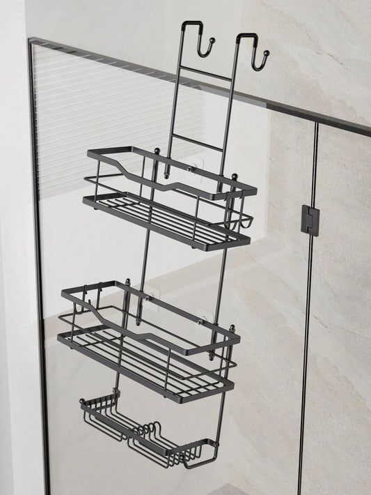 3-Tier Over-The-Door Shower Caddy, Rust-Proof Metal Bathroom Storage Rack With Drainage Basket, Hooks And Razor Holder, Suitable For Glass Shower Doors, Black And Silver