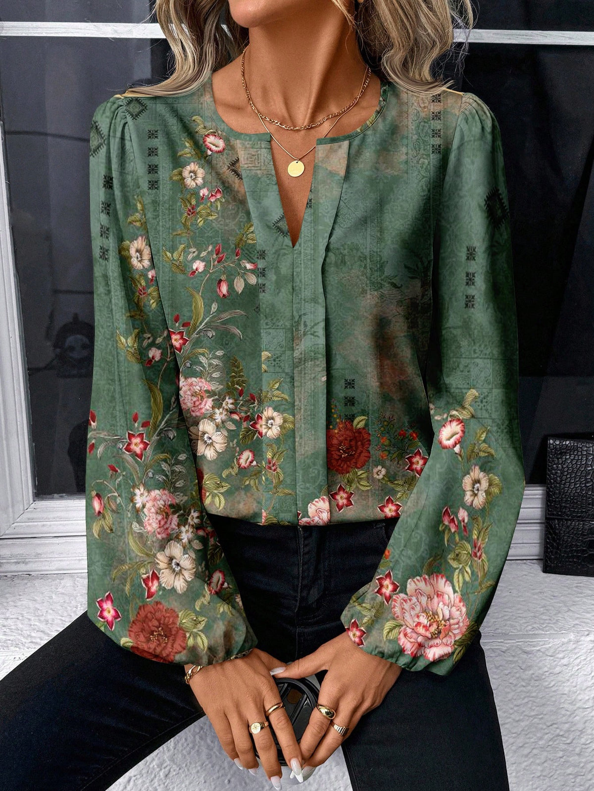 SHEIN LUNE Women Casual/Office Round Neck V-Notch Faux Placket Puff Sleeve Floral Print Long Sleeve Blouse