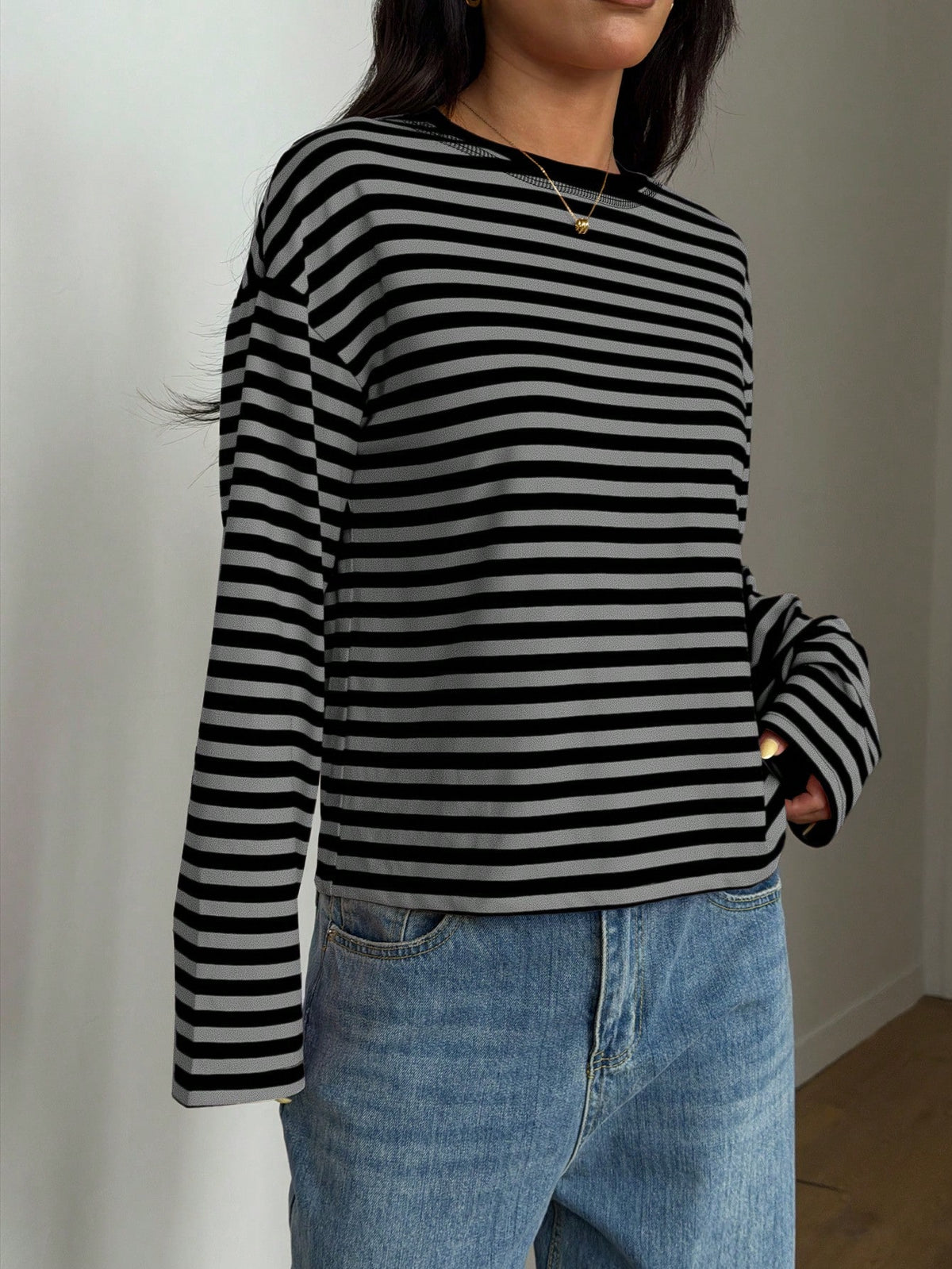 Women's Casual Top, Striped Contrast Ribbed Knit, Everyday Wear, Spring/Autumn