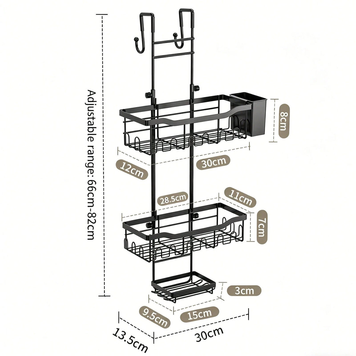 3-Tier Over-The-Door Shower Caddy, Rust-Proof Metal Bathroom Storage Rack With Drainage Basket, Hooks And Razor Holder, Suitable For Glass Shower Doors, Black And Silver