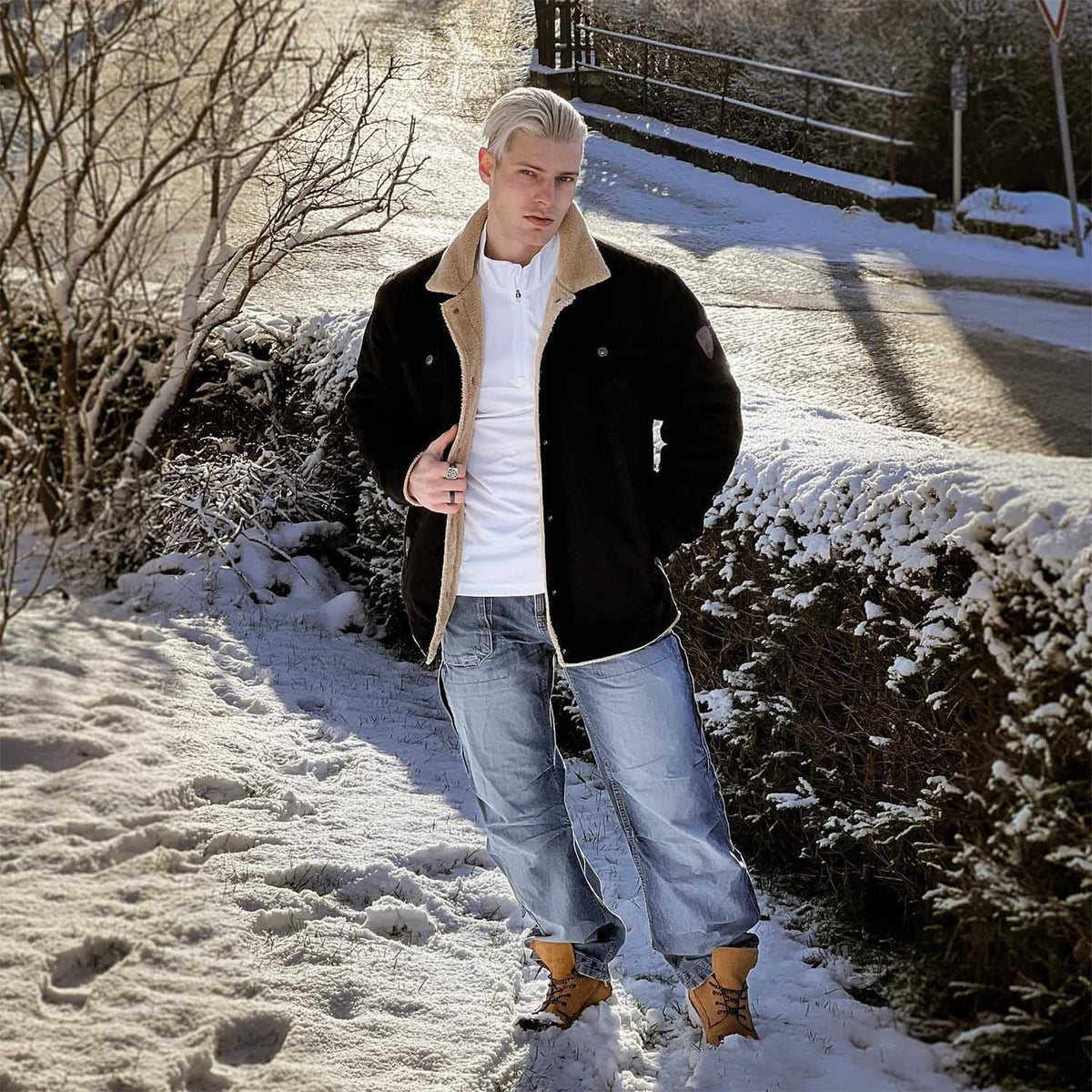 Men's Sherpa Trucker Jacket 5 Pockets Cotton Cargo Jacket Turn-down Collar Winter Coats