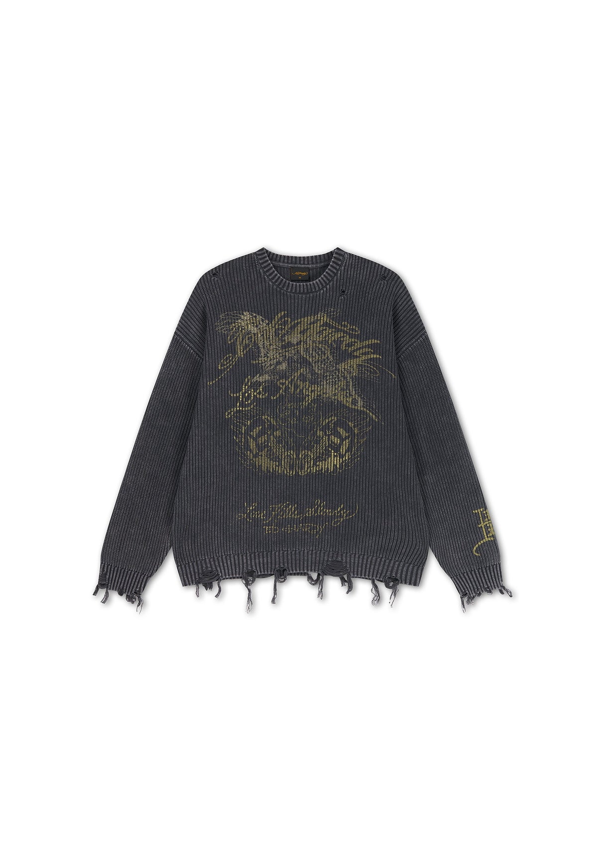 Mens Distressed Los Angeles Knitted Relaxed Crew Jumper - Black