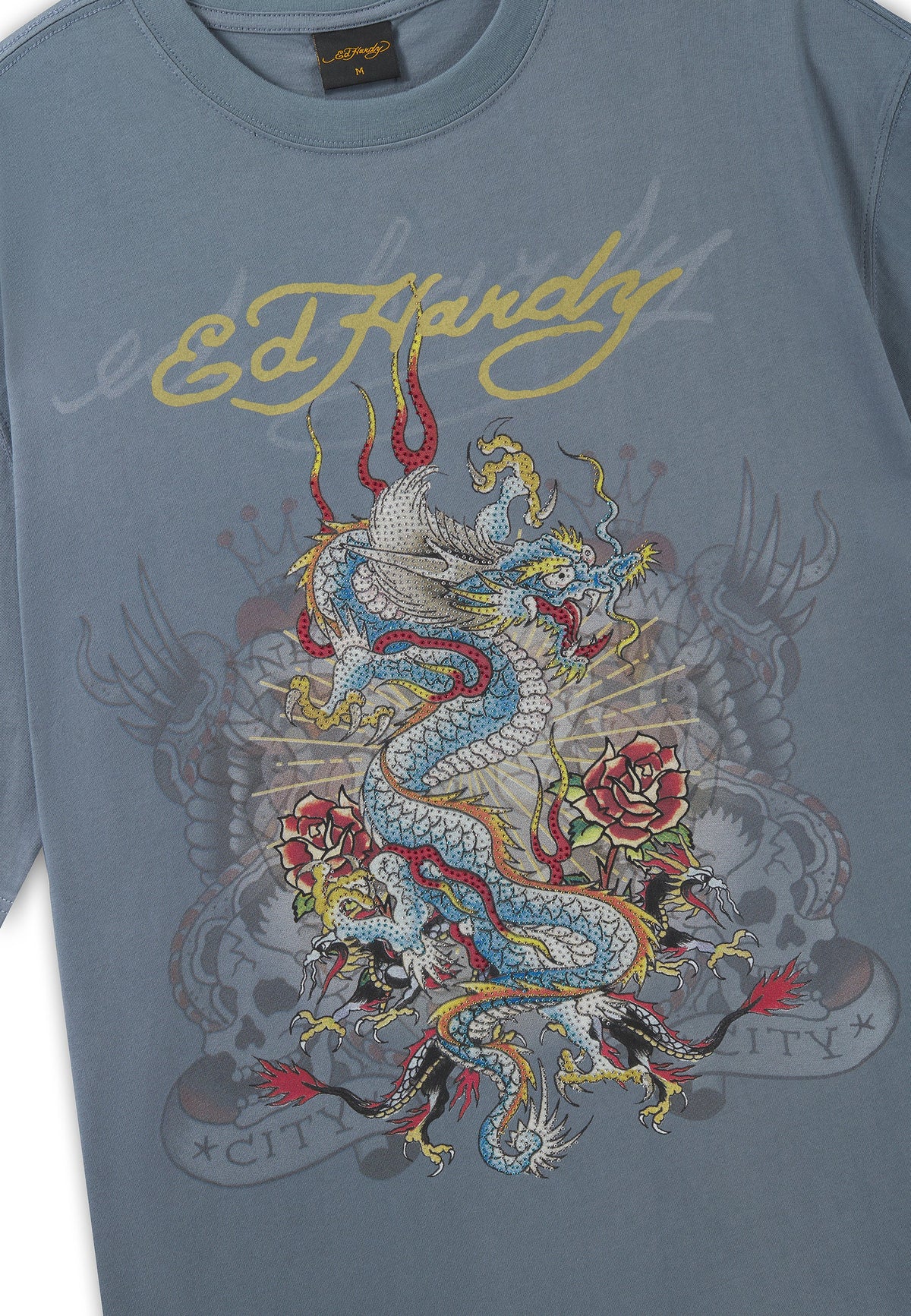 Mens Dragon City Diamante Graphic Relaxed T-Shirt - Blue