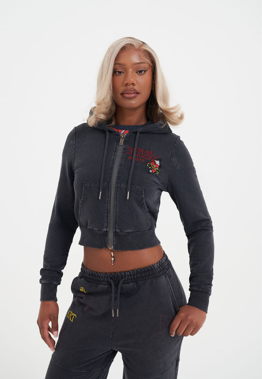 Womens Flaming Tiger Cropped Zip Thru Hoodie - Black