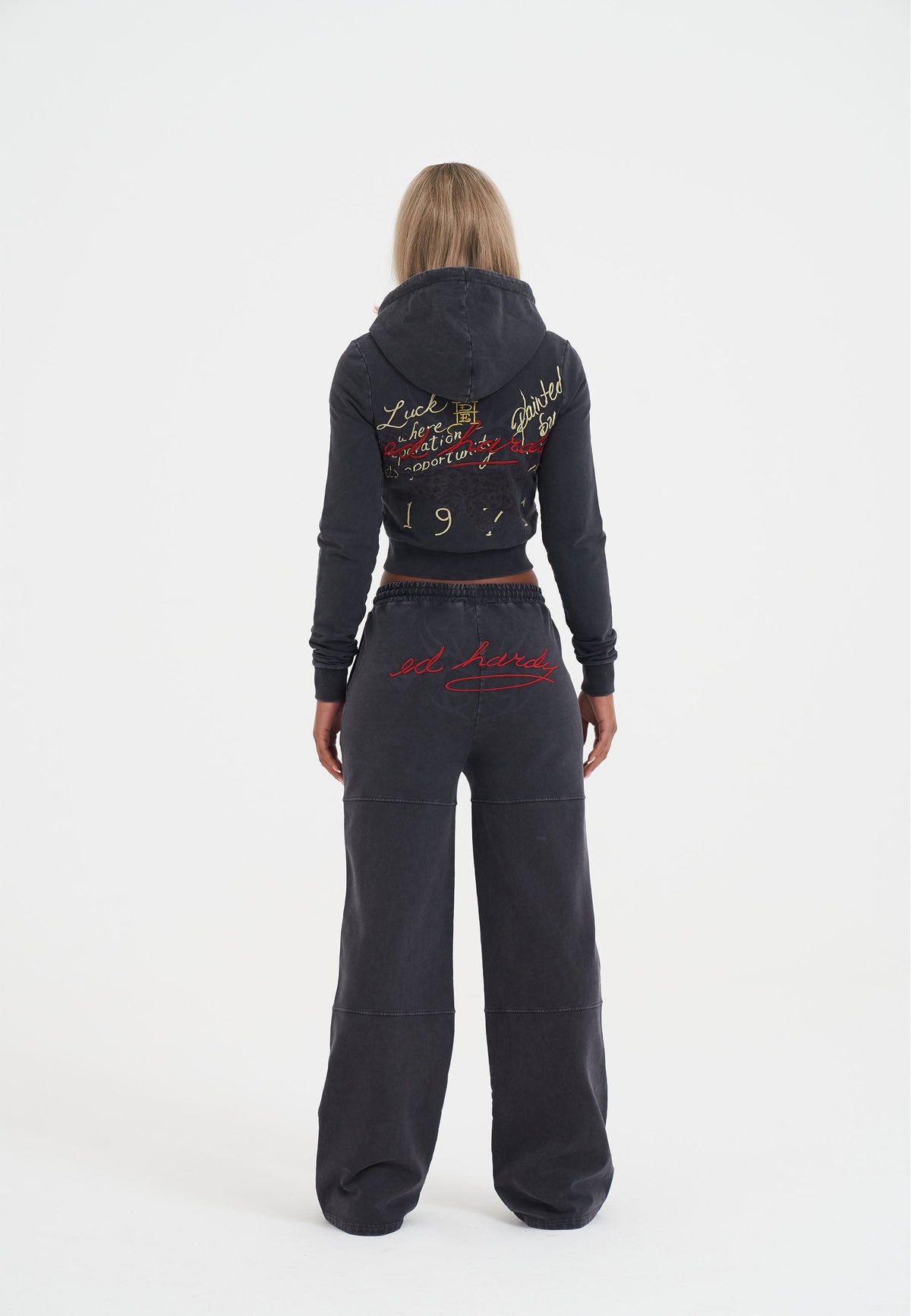 Womens Tattoo Collage Seam Detail Wide Leg Joggers - Black