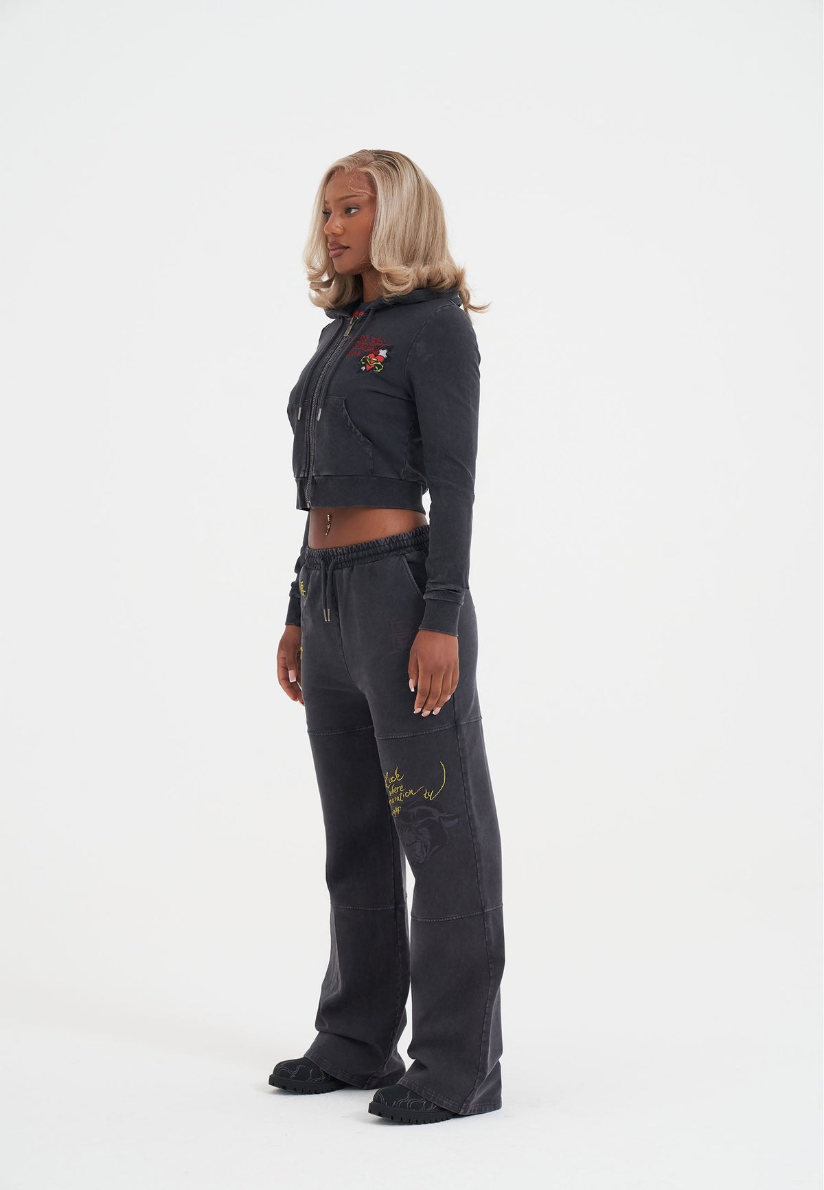 Womens Tattoo Collage Seam Detail Wide Leg Joggers - Black