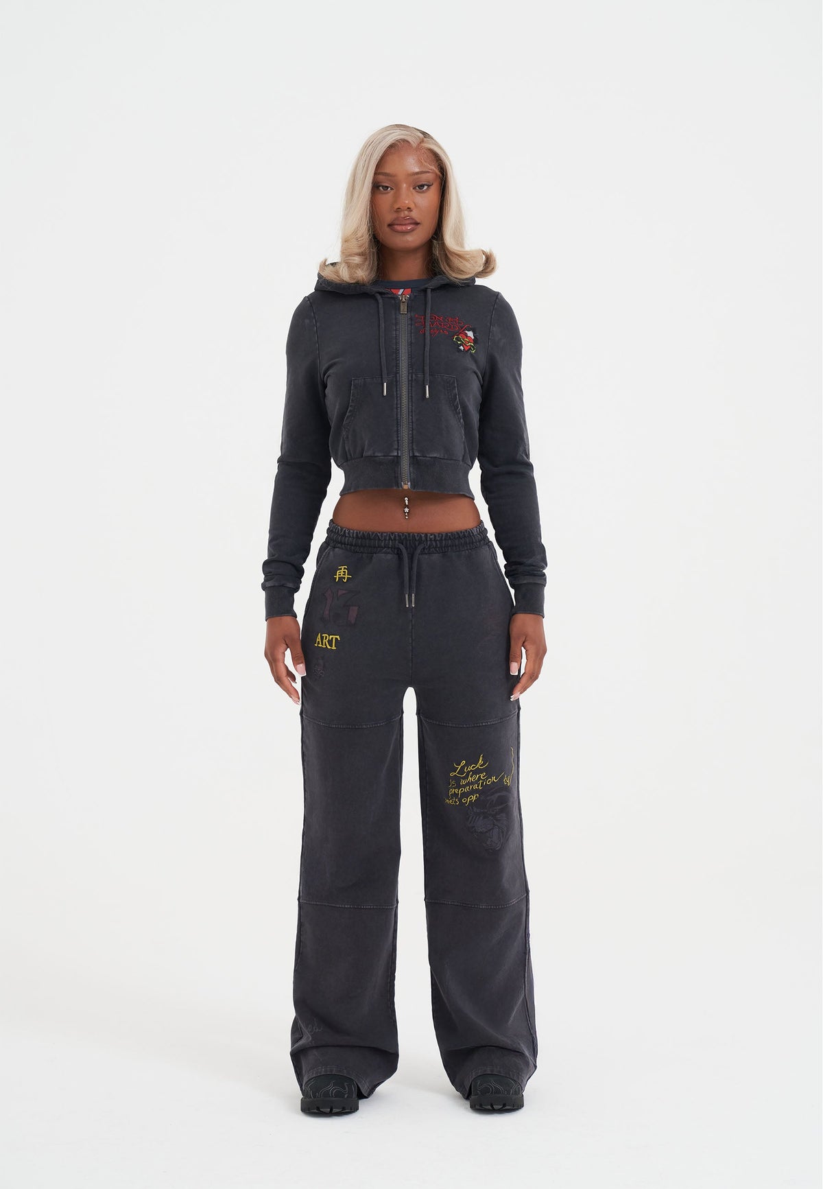 Womens Tattoo Collage Seam Detail Wide Leg Joggers - Black