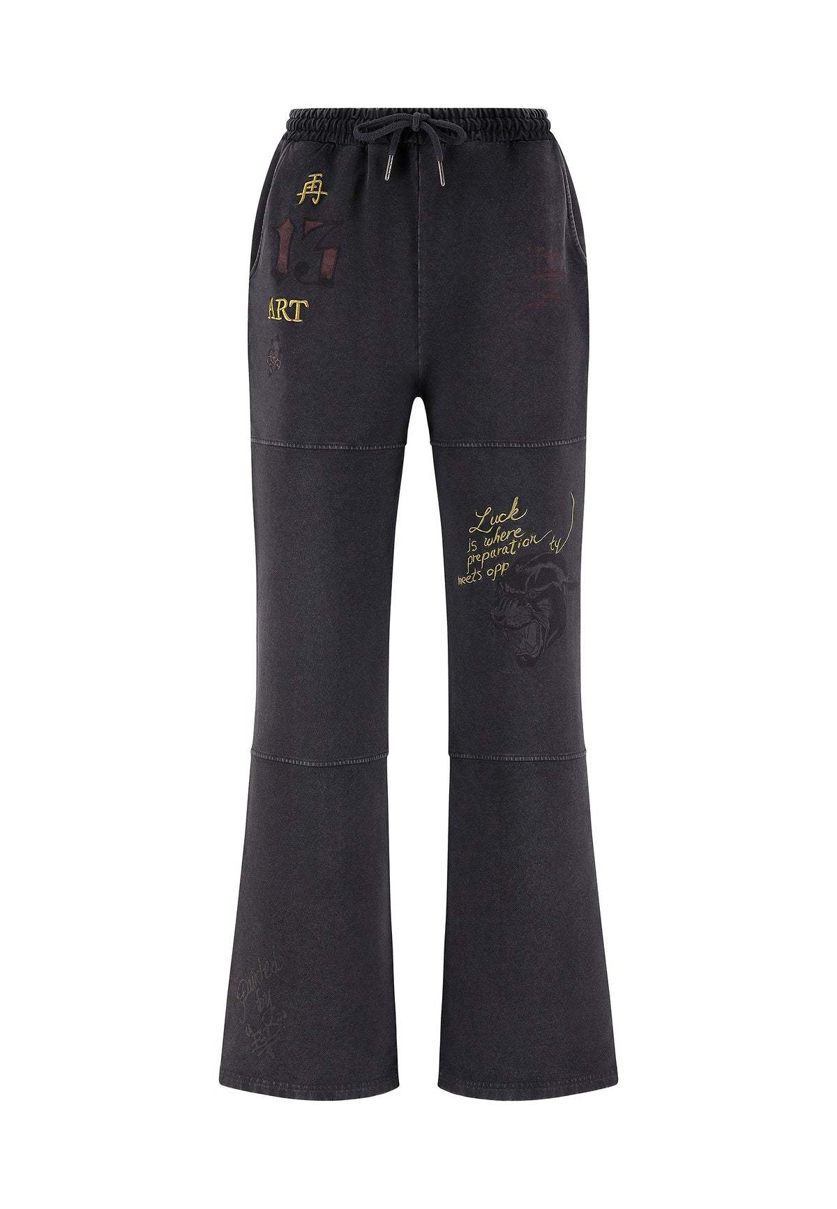 Womens Tattoo Collage Seam Detail Wide Leg Joggers - Black