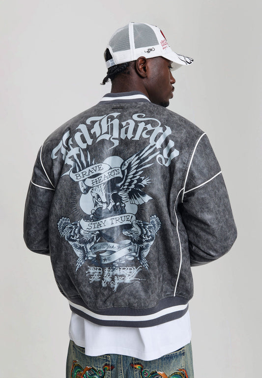 Mens Brave Eagle Pu Relaxed Bomber Jacket - Black