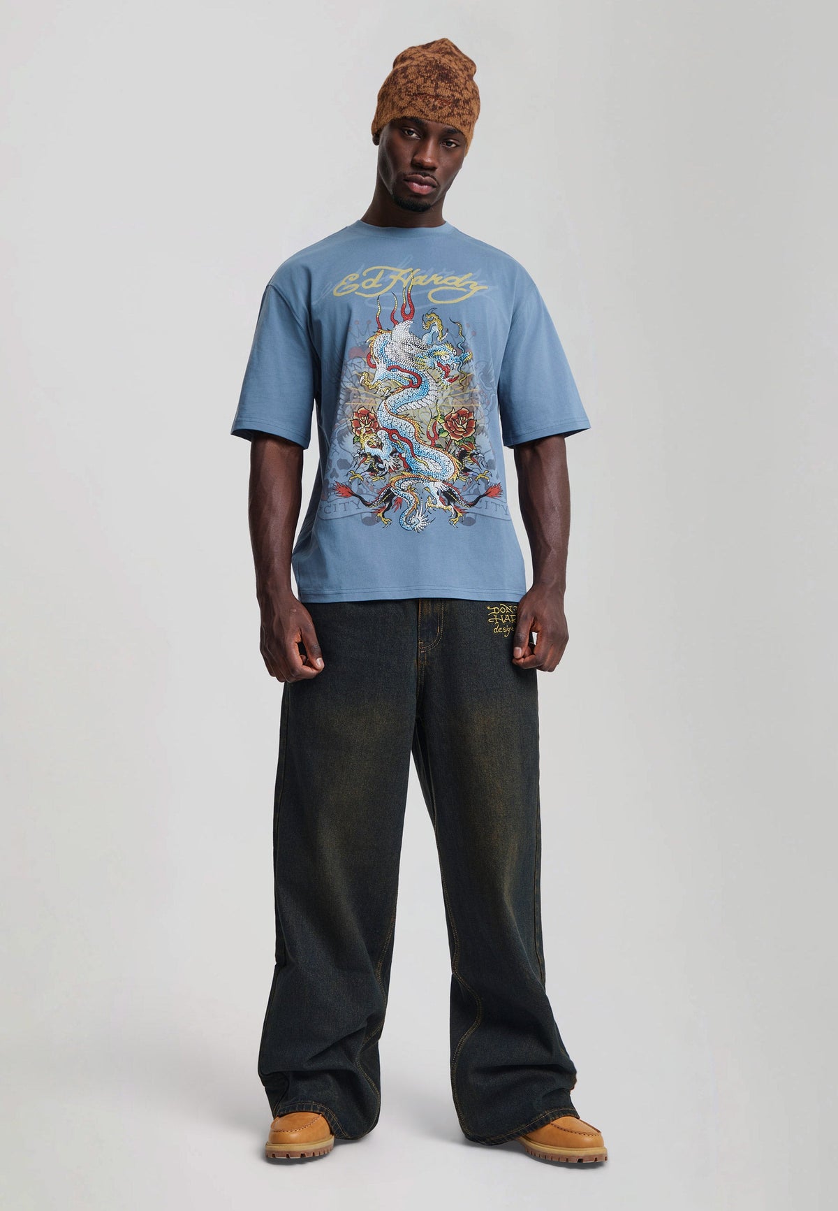 Mens Dragon City Diamante Graphic Relaxed T-Shirt - Blue