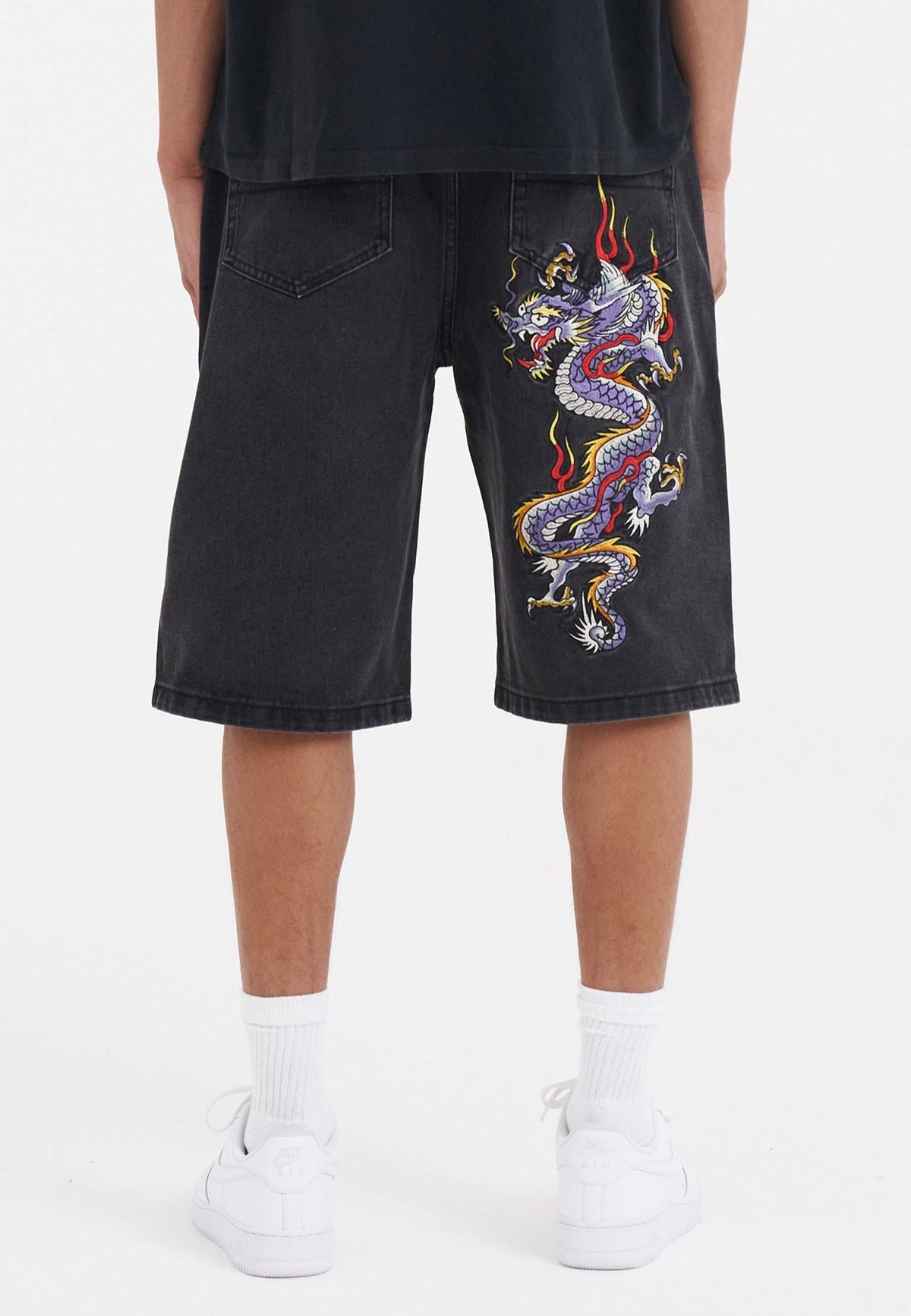 Mens Battle Dragon Denim Jorts Shorts - Washed Black