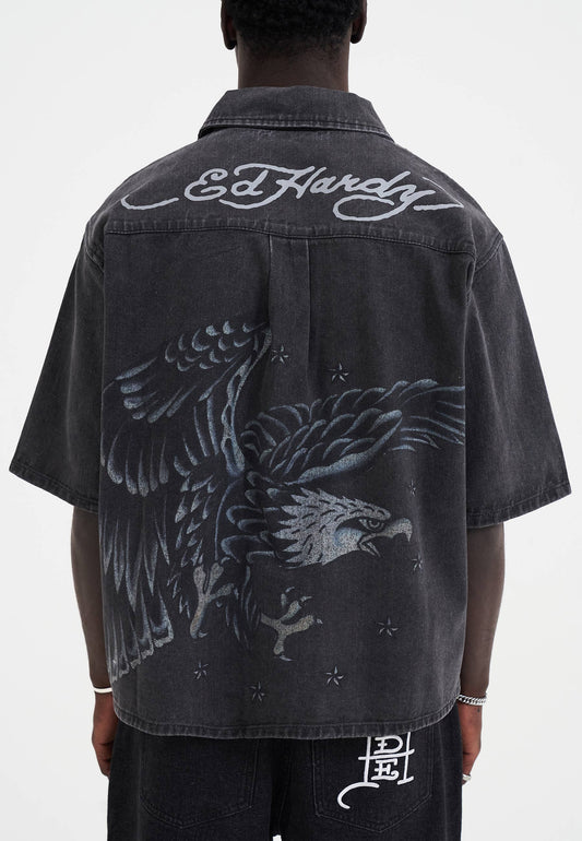 Mens Eagle And Stars Relaxed Denim Shirt - Black