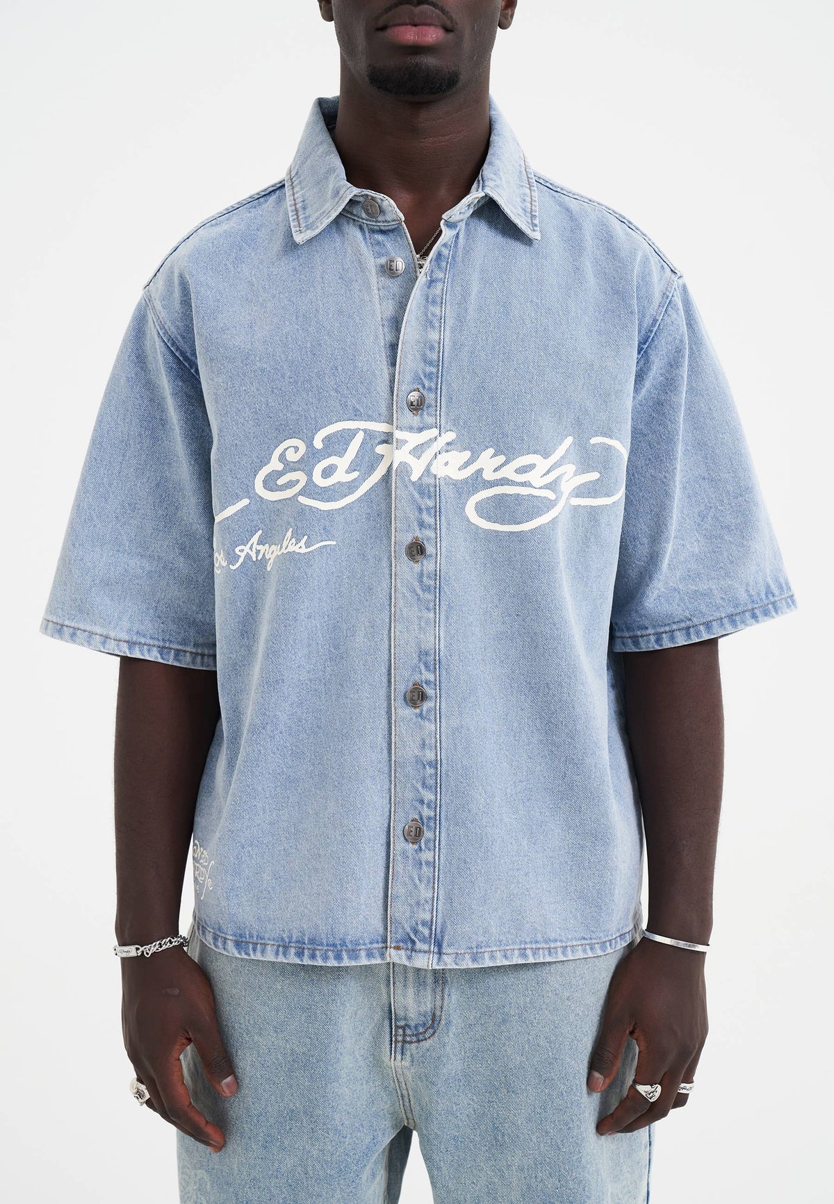 Mens Eagle And Stars Relaxed Denim Shirt - Bleach