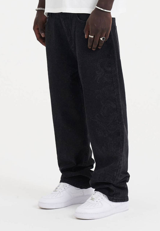 Mens Laser Etched Dragon Repeat Denim Trousers Jeans - Black