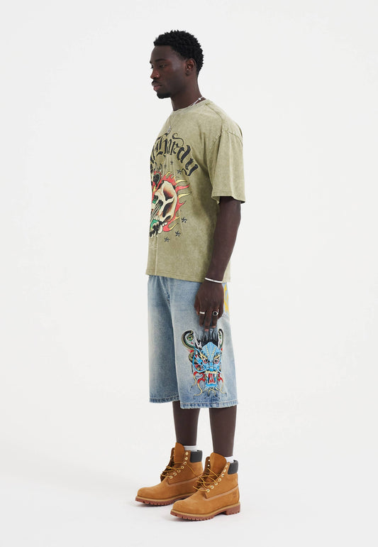 Mens Medusa Drag Denim Skater Jorts Shorts - Bleach