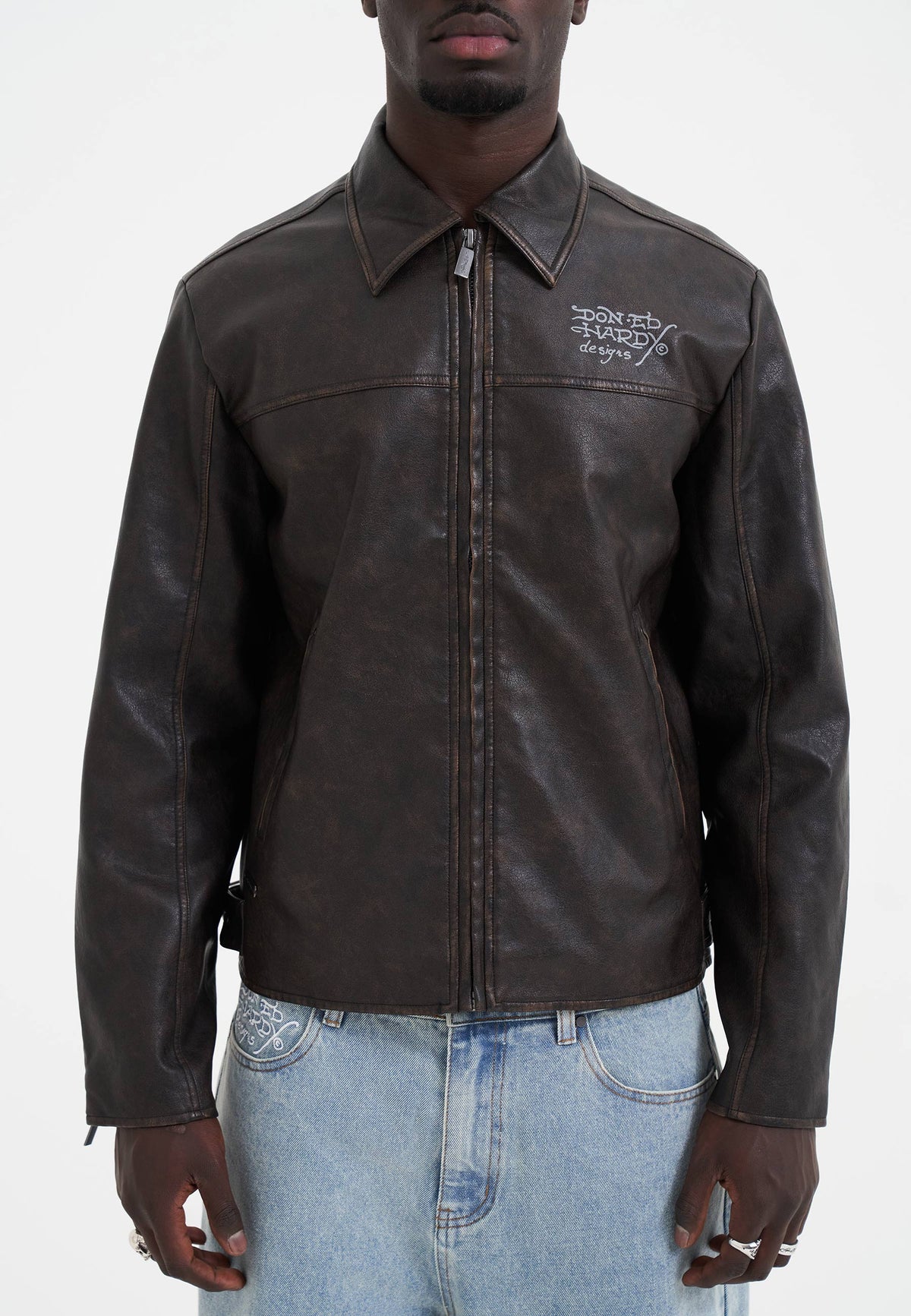Mens Vintage Washed Vegan Leather Motocross Jacket - Brown