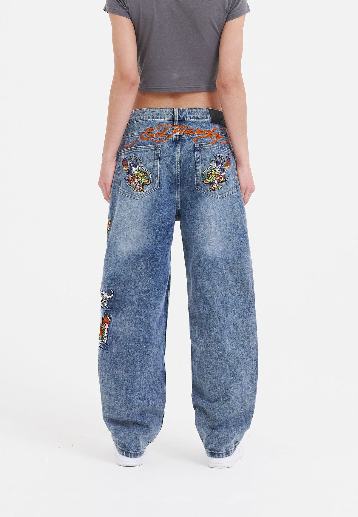 Womens Crawling Dragon Relaxed Fit Denim Trousers Jeans - Bleach