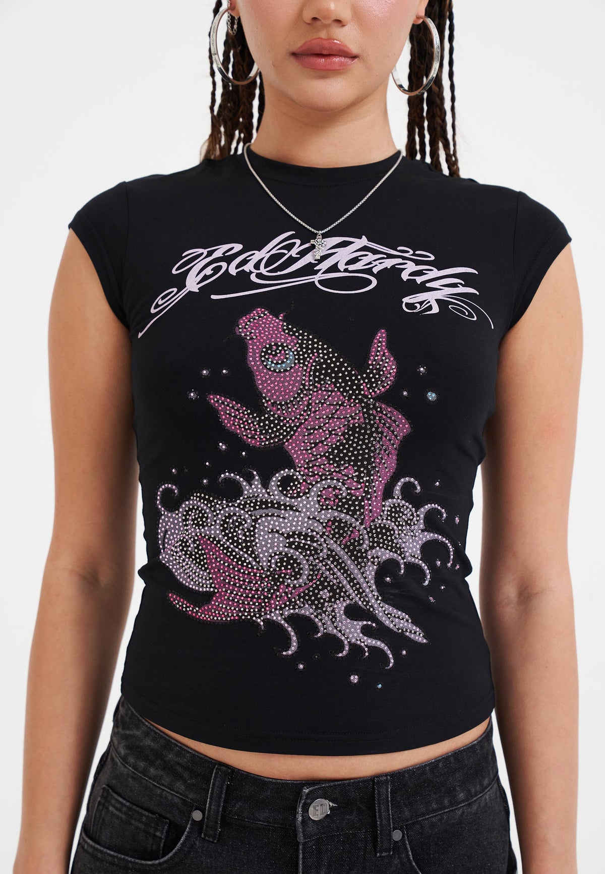 Womens Koi Fish Diamante Cap Sleeve T-Shirt Top - Black