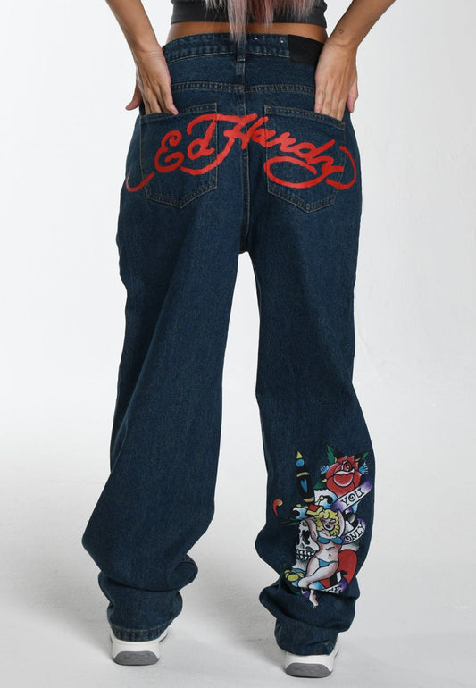 Womens Only Live Once Relaxed Denim Trousers Jeans - Indigo