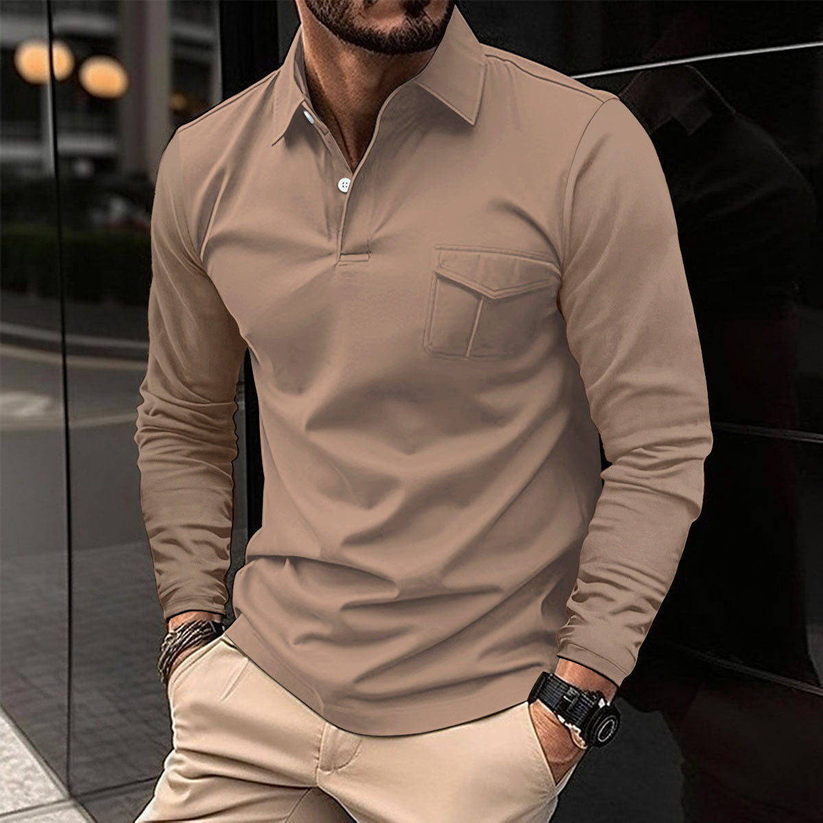 Men's Casual Lapel Polo Long Sleeve Shirt