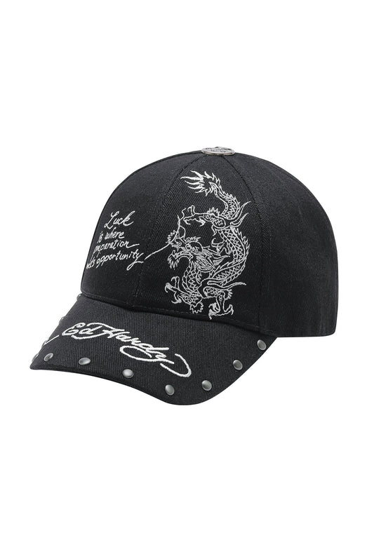 Unisex Lucky Dragon 6 Panel Contrast Stitch Denim Cap - Black