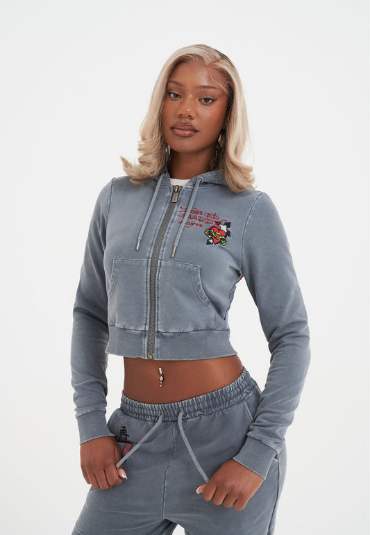 Womens Flaming Tiger Cropped Zip Thru Hoodie - Charcoal