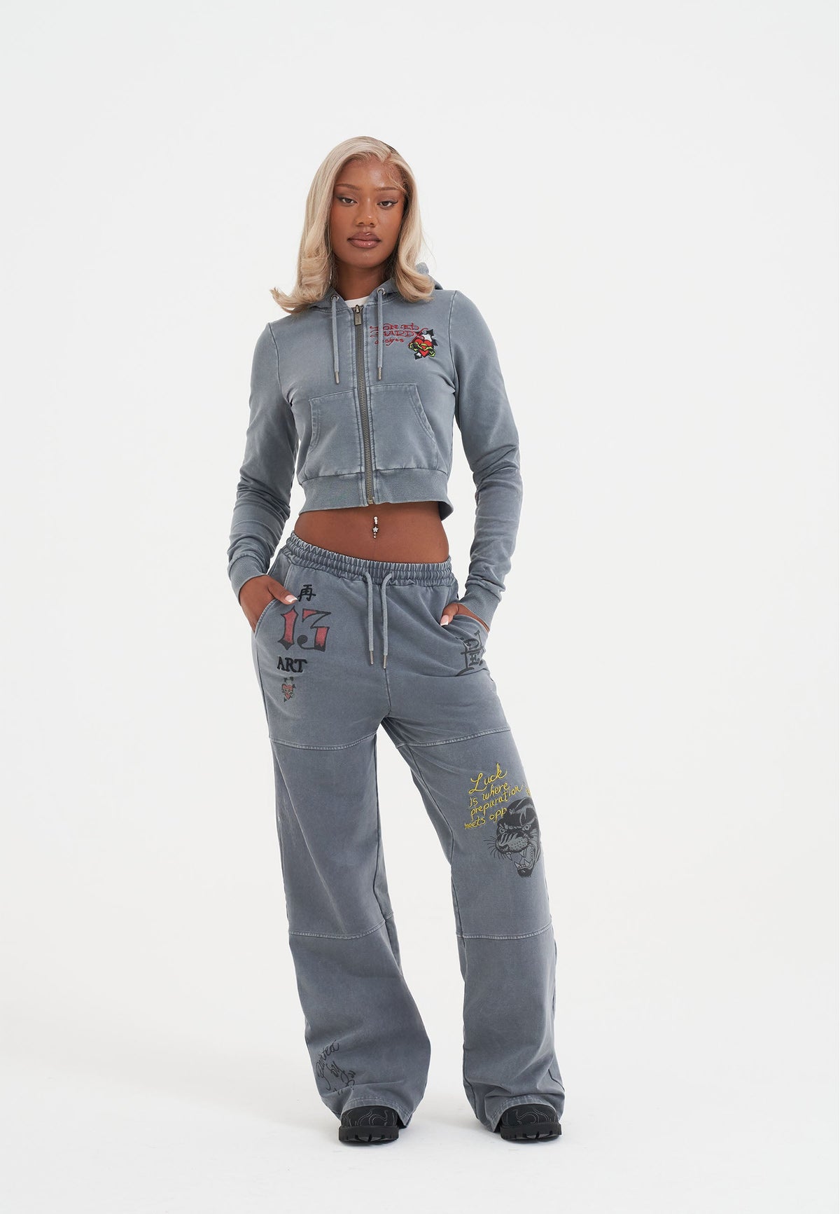 Womens Flaming Tiger Cropped Zip Thru Hoodie - Charcoal