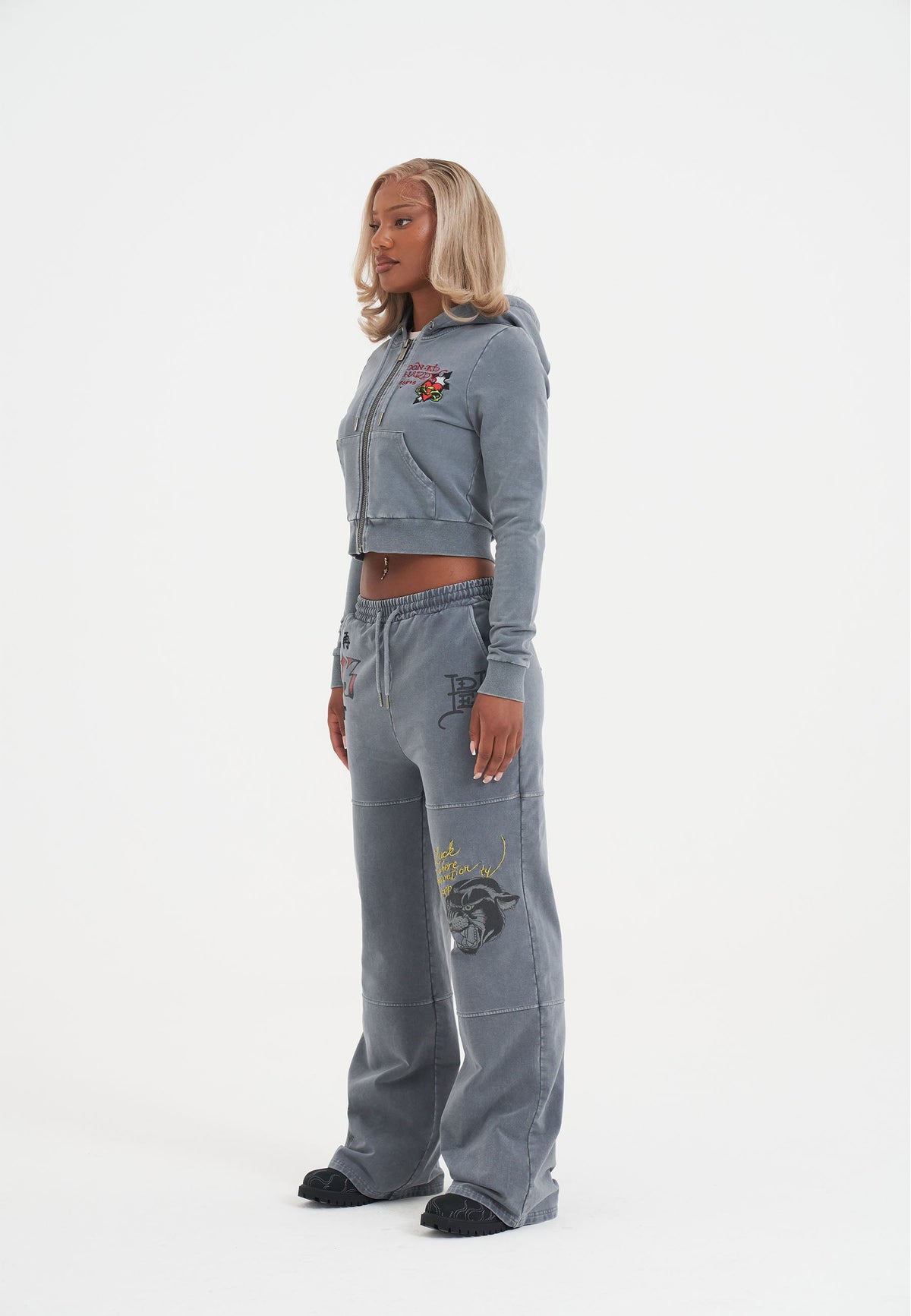 Womens Tattoo Collage Seam Detail Wide Leg Joggers - Charcoal